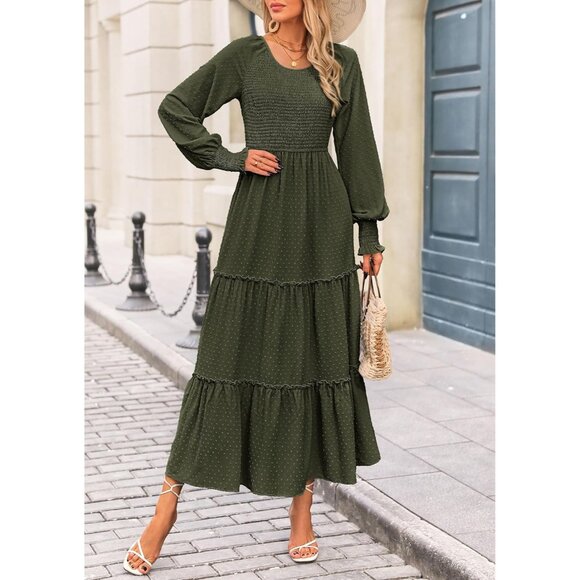 Elegant Women's Smocked Maxi Dress - Long Sleeve Swiss Dot Wedding Guest Attire - Picture 7 of 8